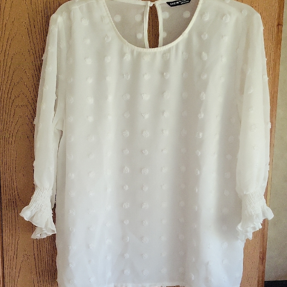 SHEIN White Swiss Dot Ruffle Cuff Blouse